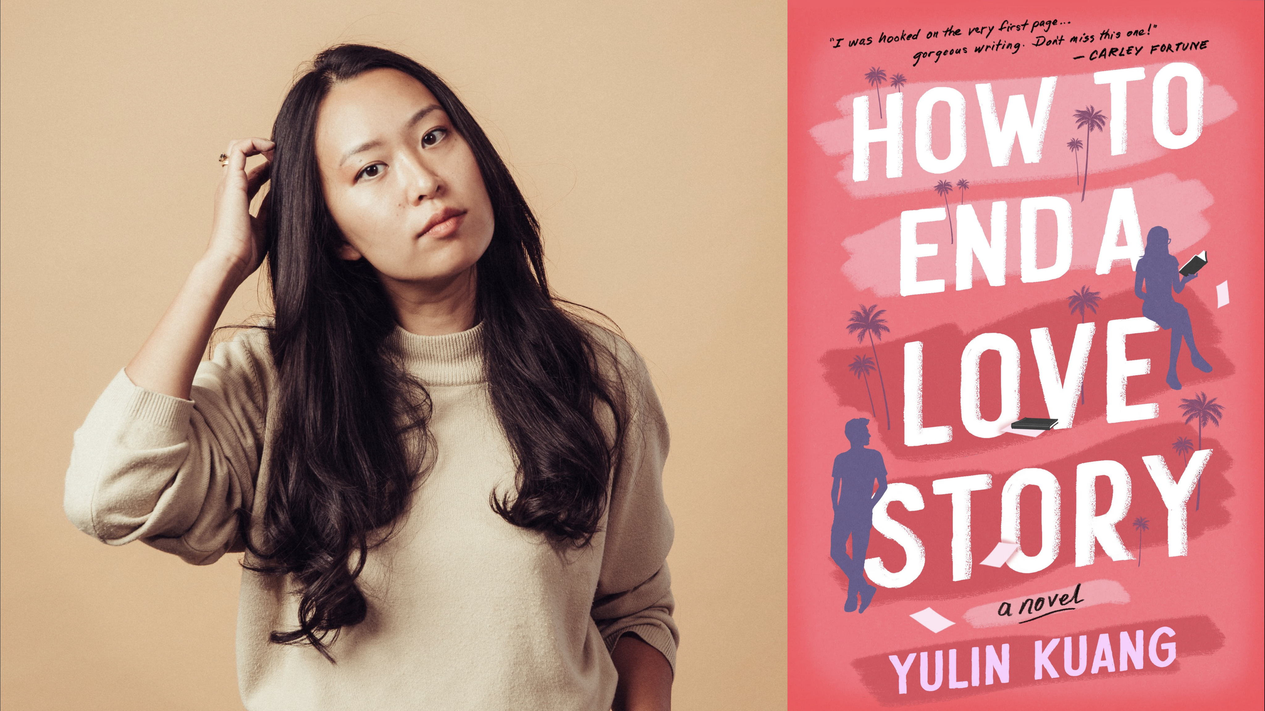 Author Yulin Kuang and the cover of her book "How to End a Love Story."